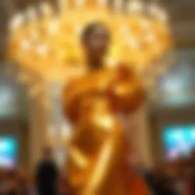 Artistic representation of the gold puff sleeve dress in a fashion editorial