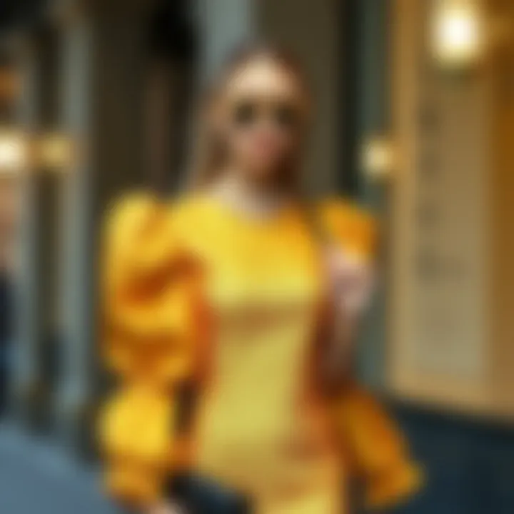 Fashion ensemble featuring the gold puff sleeve dress styled with accessories