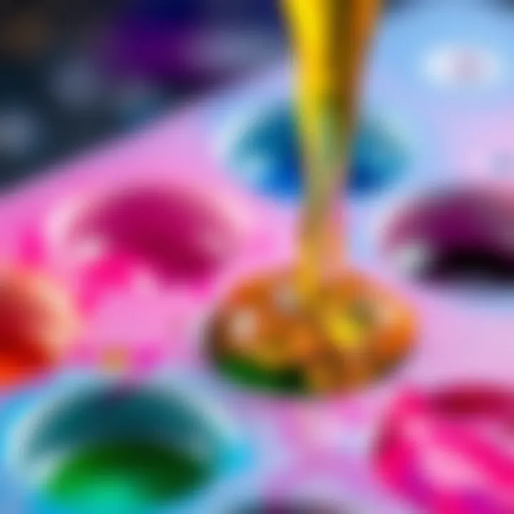A close-up view of colorful resin pouring into a mold, capturing the vibrant hues and textures