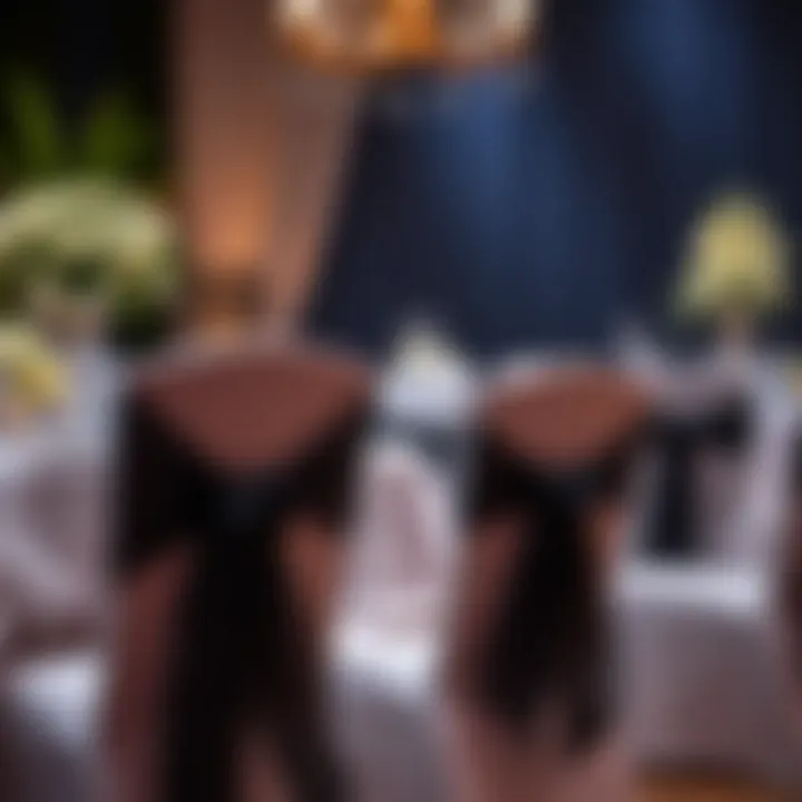 Diverse table settings showcasing black organza chair sashes in various themes