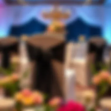 Stylish event setup featuring black organza chair sashes amidst floral arrangements