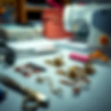 An organized workspace highlighting neatly arranged hemming clips alongside sewing tools.