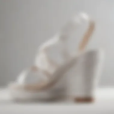 Close-up of the material texture of white strappy wedge sandals.