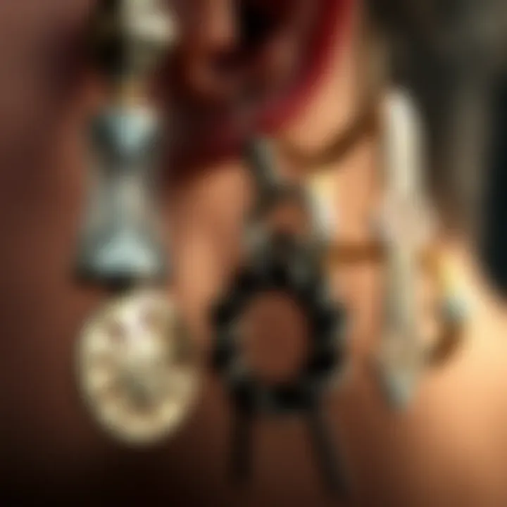 A close-up view of various industrial earrings showcasing unique designs