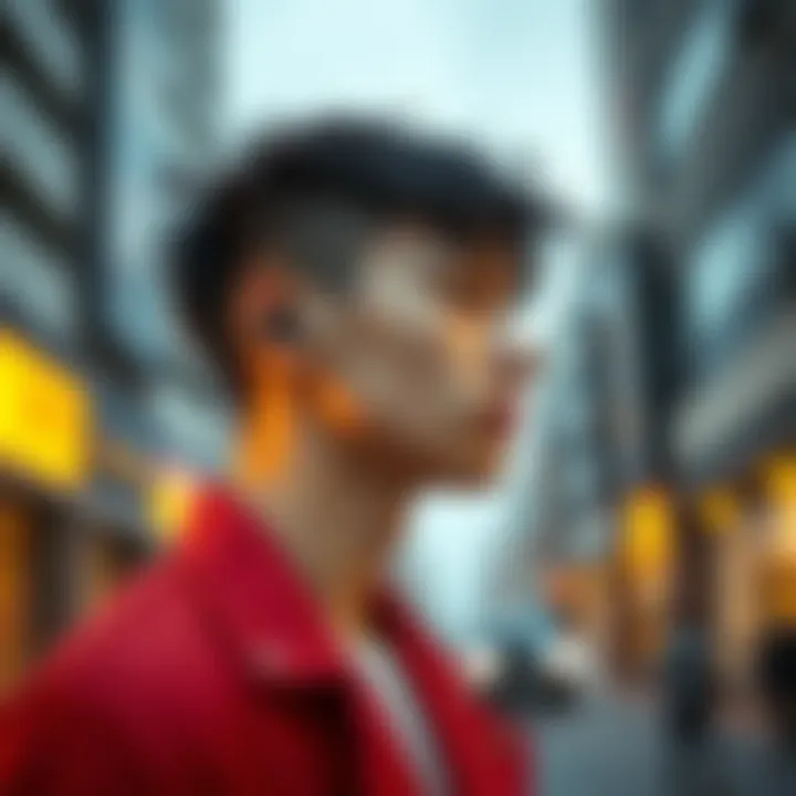 A stylish individual wearing industrial earrings in a modern urban setting