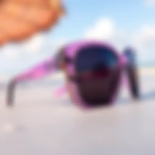 Stylish acrylic sunglasses resting on a vibrant beach backdrop