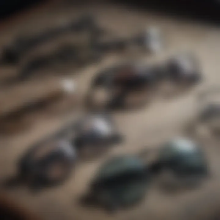 A collection of various gothic eyeglass styles displayed on a vintage surface.