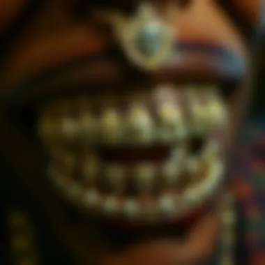 Close-up view of elaborate grillz showcasing intricate designs and craftsmanship.