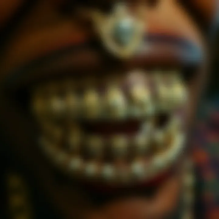 Close-up view of elaborate grillz showcasing intricate designs and craftsmanship.