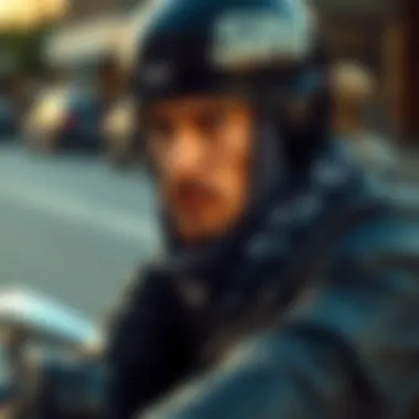 A close-up of a rider wearing a do rag while cruising on a motorcycle