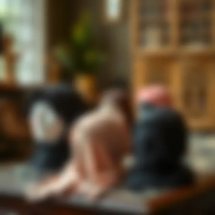 An assortment of underscarf hijab caps displayed on a decorative surface