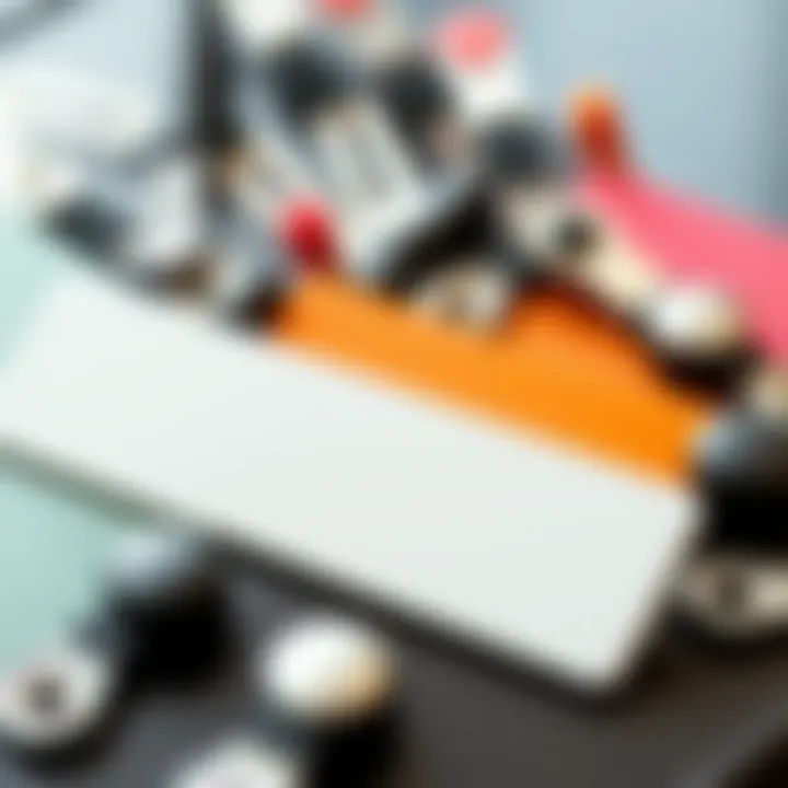 An elegant display of various retractable card clips arranged artistically, showcasing different materials and colors