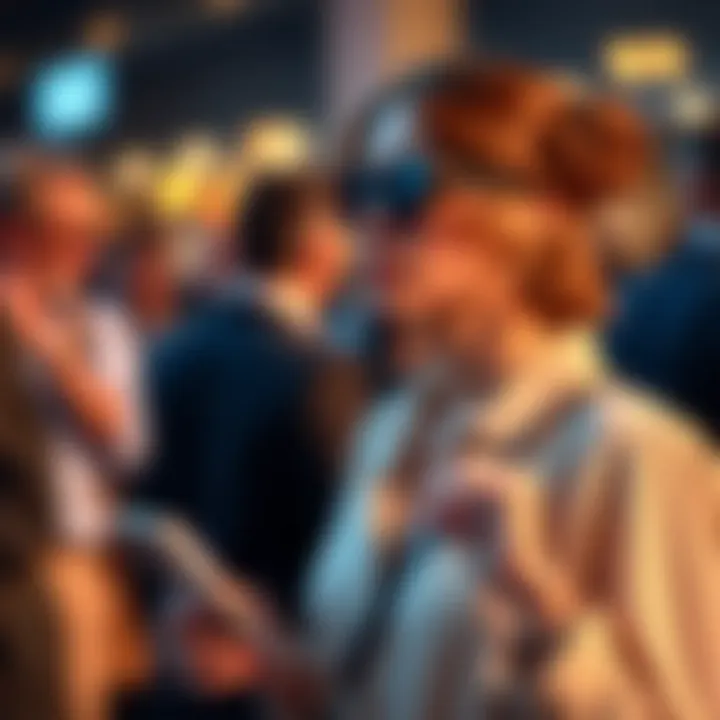 A fashionable individual using a retractable card clip at a busy event, highlighting its practical application