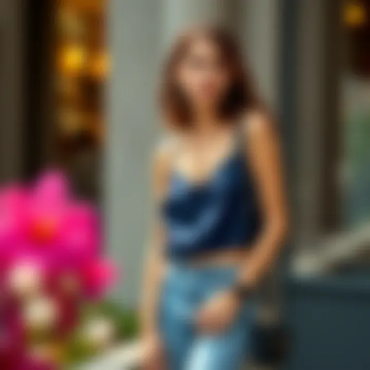 Casual styling of navy blue camisole with denim jeans