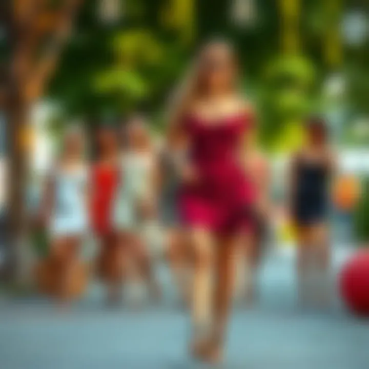 A casual outdoor scene featuring individuals wearing bodycon mini dresses in various colors