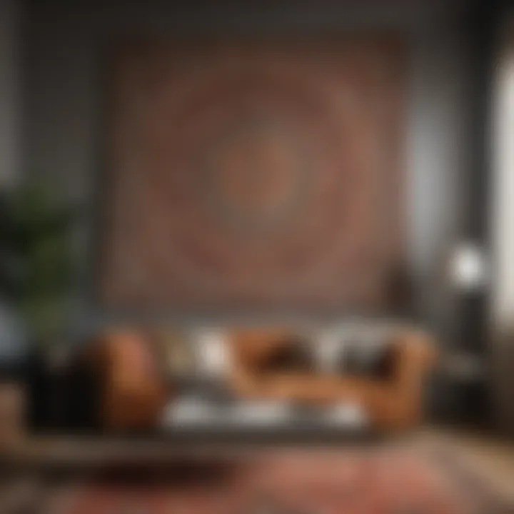 An elegant living room featuring a vintage tapestry as a focal point