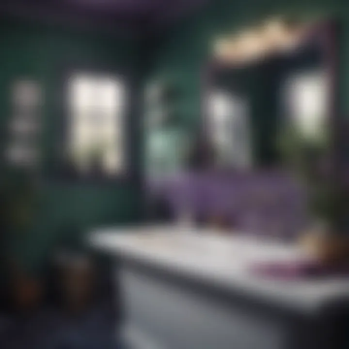 Alternative color palette with deep greens and purples in a bathroom