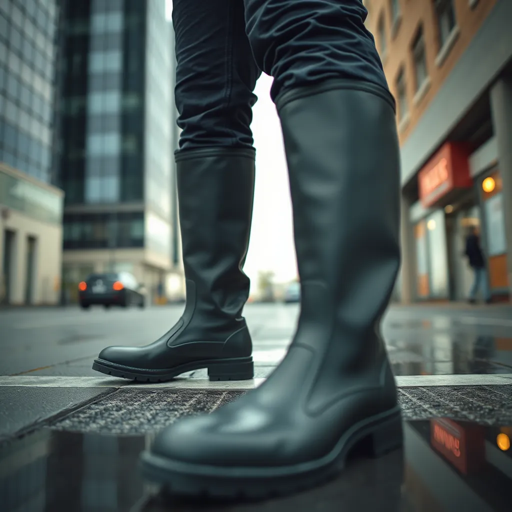 A side view of various men's rain boots displayed on a rainy street